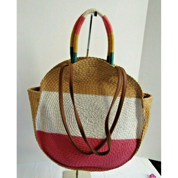 Time and Tru Straw Beach Bag Purse Shoulder Bag Tan Pink Leather Straps NWT - Picture 2 of 5